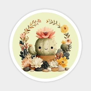 Smiling Cactus in a Succulent Wreath - Plant Parent Folk Art Magnet